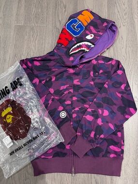 Bape Kids Purple & Pink Camo Shark Zip Hoodie